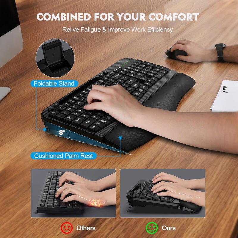 EAYBLLY Wireless Keyboard and Mouse Combo, Wave Keys Full-Sized Ergonomic Keyboard with Cushioned Plam Rest, Phone Holder, Comfortable Natural Typing, 2.4G Cordless Set for Computer, Laptop, PC, Mac, Windows - Image 4